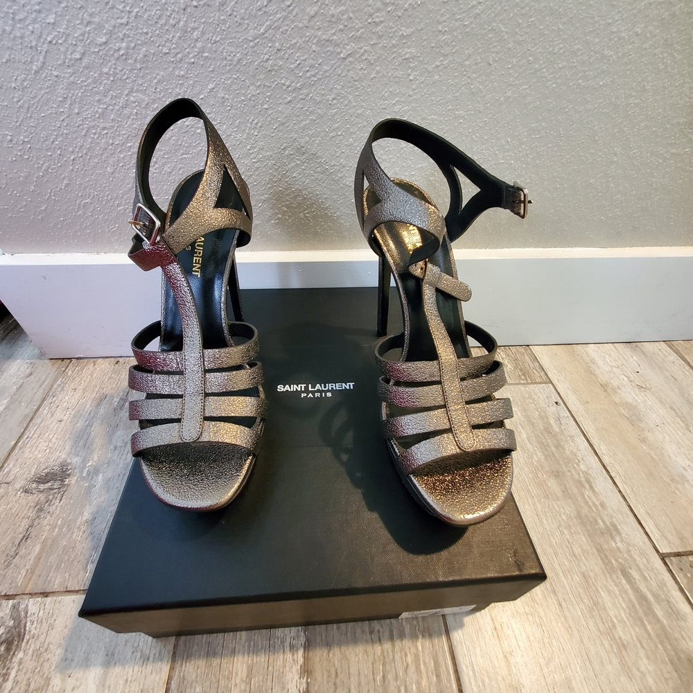 Saint Laurent Women's Elegant Black and Gold Heels